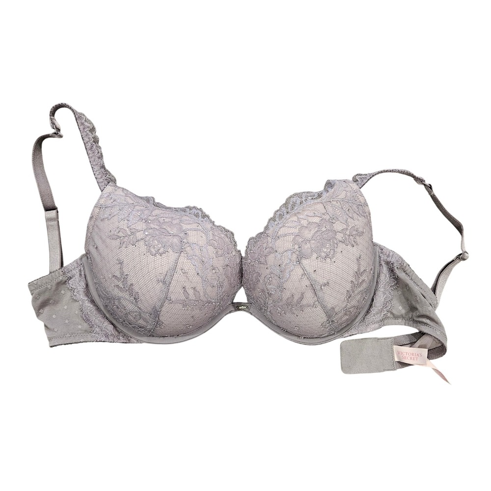 Victorias Secret Grey Floral Lace Rhinestone Push-Up Bra 34DD Underwire 34E